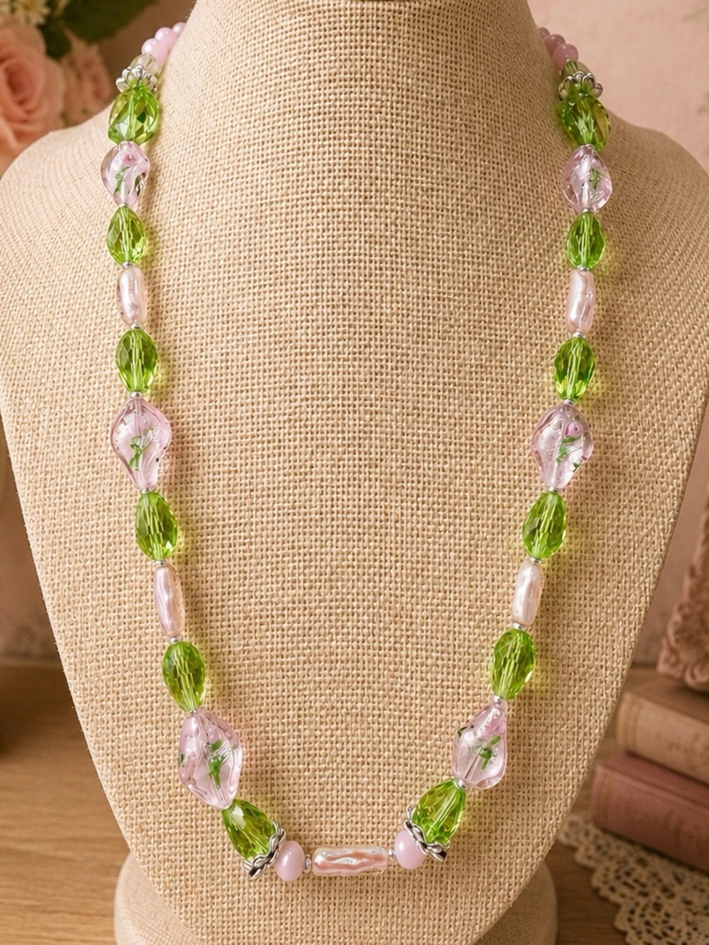 Handmade Vintage Pink Lampwork & Baroque Pearl Beaded Necklace
